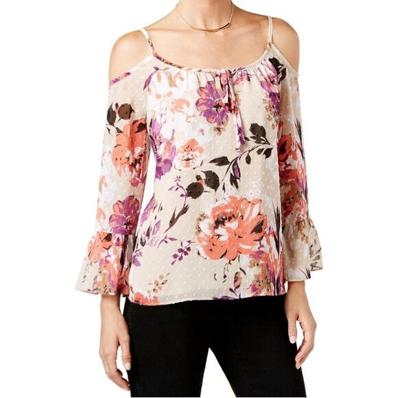 INC INTERNATIONAL CONCEPTS Beige Pink Floral Swiss Dot Cold Shoulder Blouse 16 - Picture 1 of 6